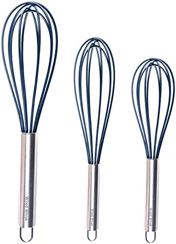 Wired Whisk Silicone Whisk Set of 3 - Stainless Steel &amp; Silicone Kitchen Utensils for Blending, Whisking, Beating &amp; Stirring - (12-inch, 10-inch &amp; 8.5-inch (Navy)