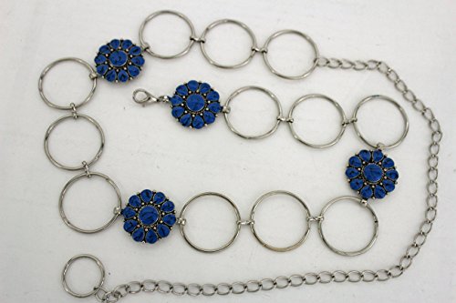 TFJ Women's Fashion Belt Hip High Waist Blue Beads Charms Silver Metal Chain Xs S M