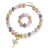 Vcmart Glitter Heart Pendant Chunky Bubblegum Necklace and Bracelet Set Girls Valentines Day Gift