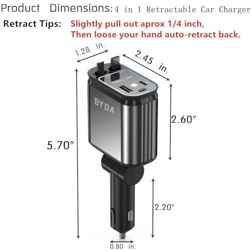 4 in 1 Retractable Car Charger for iPhone,69W USB-C Fast Car Charger with Starry Light, for Car Charger Adapter iPhone16/15/14/13/12,Android,Pixel,Cigarette Lighter Adapter(ForLightning+USB-C)