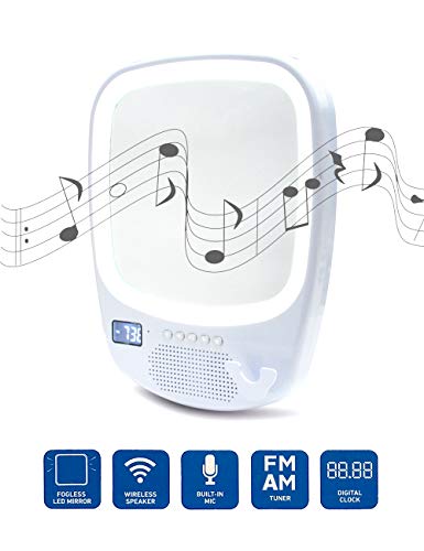 Fogless Bathroom LED Lighted Beauty Makeup Mirror with Wireless Bluetooth Speaker FM/AM Radio Razor Hanger Suck up the Wall