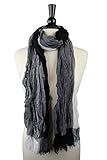Pop Fashion Women's Long Tissue Scarf with Frayed Design and Scrunch Texture (Black, White, Grey)