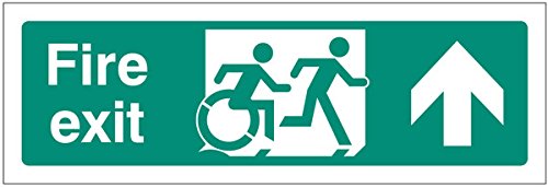 Caledonia Signs 12164L Disabled Fire Exit Arrow up Inclusive Design Sign, Rigid Plastic, L: 450 mm x 150 mm