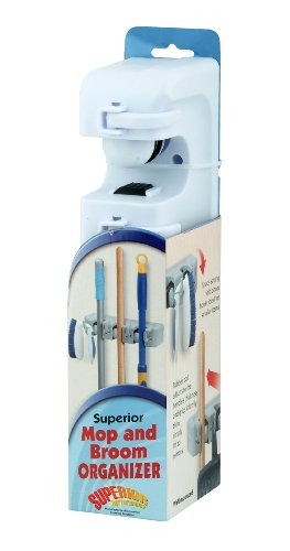 Superio Mop And Broom Holder, Wall Organizer, 3 Slots and 4 Hooks, White