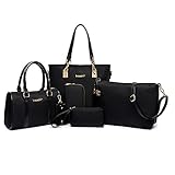 Women Handbag,Women Bag, KINGH Vintage PU Leather Tote Clutch Purse Keychain 6 Piece Set Bag 080 Black