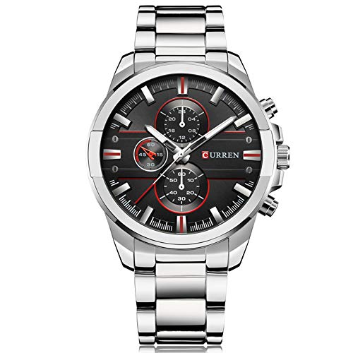Curren 8274 - Reloj de Cuarzo para Hombre con Esfera analógica de Zona horaria y Correa de Acero Plateado, Esfera Negra