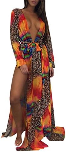 Kuss Online Women's Swimsuit Cover up - Floral Print Chiffon Sexy Swimwear Long Maxi Beach Dress (Leopard)