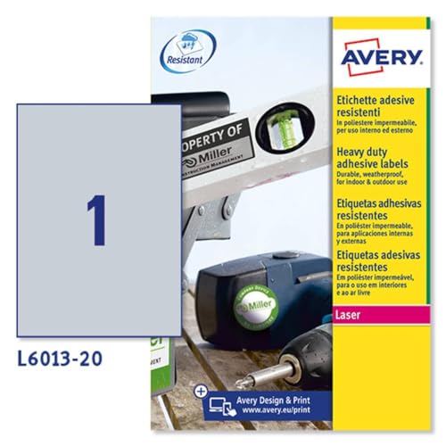 Avery L6013-20 Etiketten zur Identifizierung von elektrischen Kabeln, Silber, 210 x 297, 20 Stueck