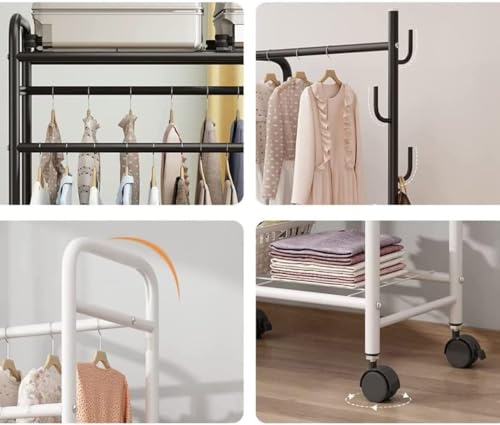 Clothes Hanger Stand with Shelves, Garment Rack, Free Standing Metal Clothing Hanging Rack, Single Rail, Wardrobe Top&Bottom Storage Shelf, Shoes Handbags Baskets, Bedroom Garment Organizer (A-Black)