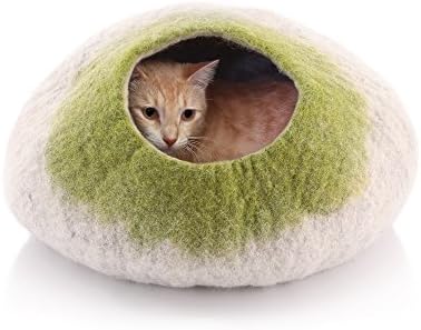 Kittycentric Cozy Cat Cave Bed - Handmade 100% Wool, Medium (Light Tan/Green)
