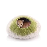 Kittycentric Cozy Cat Cave Bed - Handmade 100% Wool, Medium (Light Tan/Green)