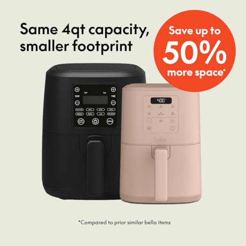 Bella Freidora de aire delgada de 4 cuartos de galón, utensilios de cocina Fits-anywhere™, revestimiento antiadherente cerámico EverGood™, temperatura ajustable, 6 opciones de cocción preestablecidas, apagado automático de 60 minutos con tono audible, capacidad de 3.3 lb, Blossom