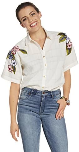 SOIZZI Fashion Women's Viscose Nylon Tonal White Check Blouse with Floral Embroidery Patch -M