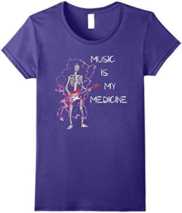 Womens Music is My Medicine Skeleton Playing Guitar Fun T Shirt Small Purple
