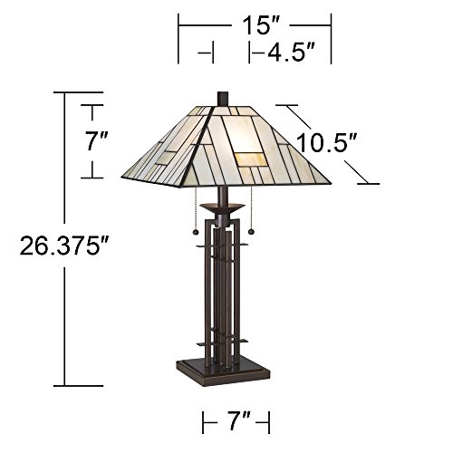 Franklin Iron Works Mission Tiffany Style Table Lamp Art Deco 26.25" High Wrought Iron Dark Bronze Brown Gold White Stained Glass Shade for Living Room Bedroom House Bedside Nightstand Home Office
