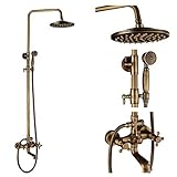 Rozin Bathroom Rainfall Shower Tub Faucet Set 8-inch Top Showerhead + Handheld Spray Antique Brass