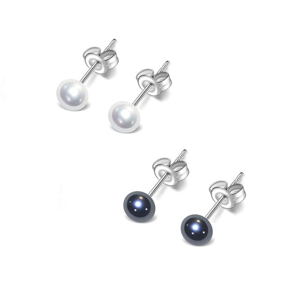 TreasureBay Women's Small Pearl Stud Earrings Stunning 5mm Freshwater Pearl Stud Earrings With 925 Silver (BLACK-WHITE SET)
