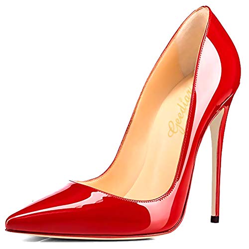 GEEDIAR Women's Stiletto Pumps Thin Heel Shoes Pointy Pumps Ladies Party Dress Pumps Patent Leather Pumps Mules Suede Pumps Wedding Party Basic Pointed Heel Shoes Red