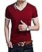 JNC Men's Summer V-Neck Casual Slim Fit Short Sleeve T-Shirts Cotton Shirts (Medium, Wine Red)