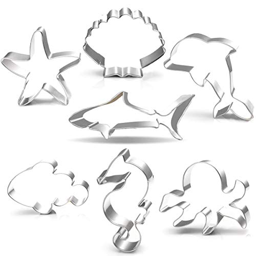 Seven Seas Ocean Cookie Cutters, Starfish, Clownfish, Octopus, Seashell, Seahorse, Dolphin, Shark, Creatures Cutter for Biscuit, Fondant, Fruit, Bread &Kids Easter Holiday Set, 7PCS