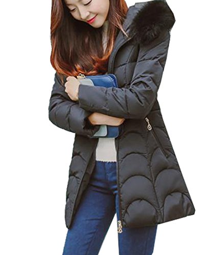 Honey GD Womens Thicken Zip Up Fall Winter Mid-long Outwear Parka Jac Black US M