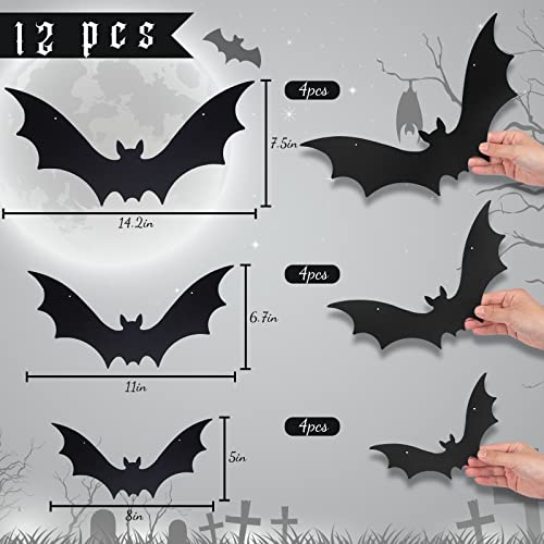 HiPatio Halloween Plastic Bats, 12PCS Black Hanging Bats Lifelike Spooky Bats for Prank Jokes Halloween Party Wall Window Decorations