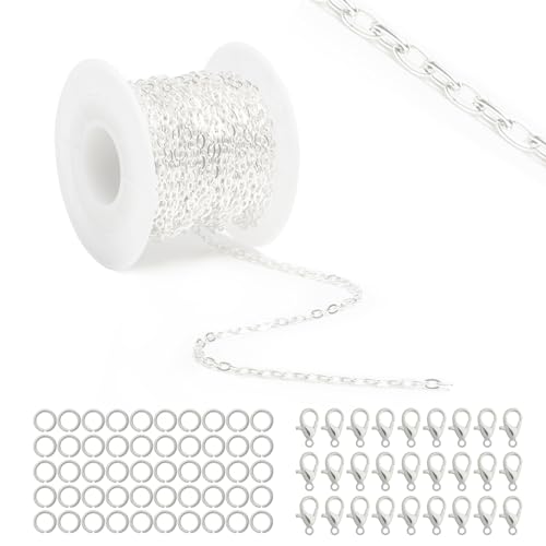 Lemonkey 33 Feet Metal Silver Necklace Chains Cable O-Shaped Links Chains Bulk for Jewelry Making DIY Craft Kit with Lobster Clasps Jump Rings