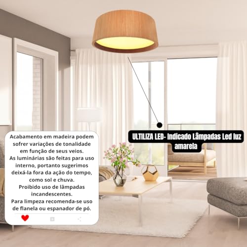 Luminária de Teto Plafon Redondo de Madeira 6 Tamanhos de 25 a 90 cm e 3 Cores - Imbuia, Freijó e Mel Design Moderno e Sofisticado (Freijó, 25 cm)