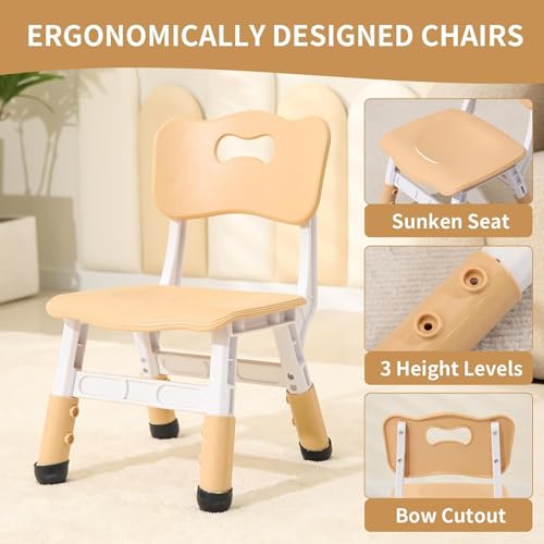 Kids Table and 2 Chairs Set, Height-Adjustable Toddler and Desk and Chair, Children Activity Graffiti Desktop for Classroom Daycare Home, 3-Piece Set Yellow Beige