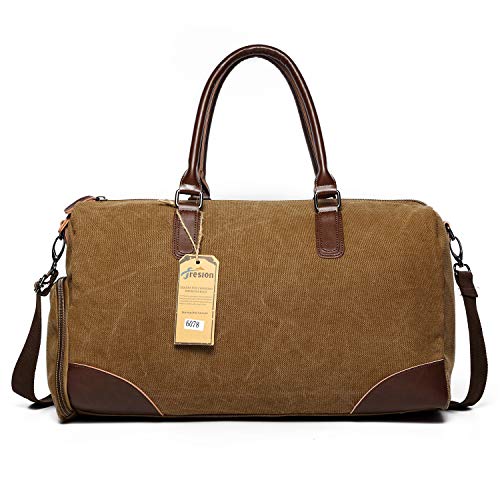 Oversized Travel Canvas Duffel Bag Leather Overnight Bag Carry on Bag Weekender Bag Men Women with Shoes Compartment (Coffee)