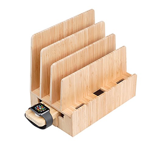 MobileVision Slim Bamboo Charging Station & Compatible Adapter for Apple Watch Multi Device Organizer, Smartphones, Tablets, Laptops & More