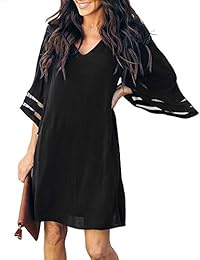 MIJIRUSHI - Mini vestido de chifón suelto informal con cuello en V y mangas acampanadas para mujer