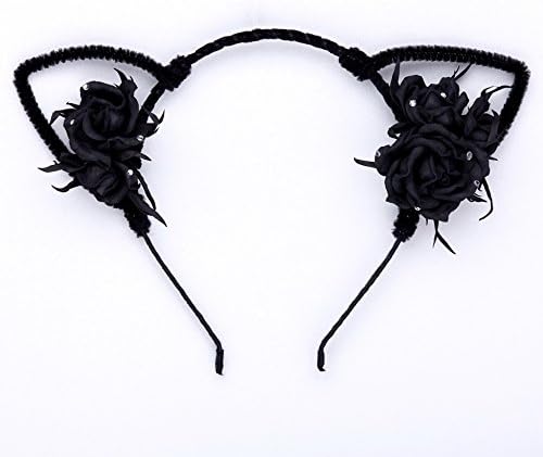 Creative Studio OK. Cat Ears Headband (Black Rose). Lovely Hair Accessory Handmade Foamiran Flowers For Kids & Adults Great For Daily Wearing, Any Party, Сarnival, Concert