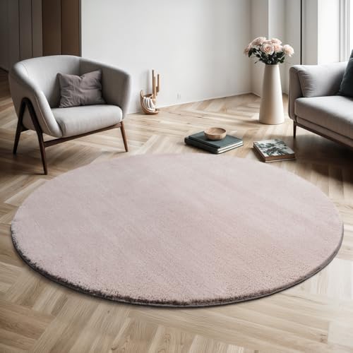 the carpet Relax Moderner Flauschiger Kurzflor Teppich, Anti-Rutsch Unterseite, Waschbar bis 30 Grad, Super Soft, Felloptik, Blush, Rosa, 200 cm Rund