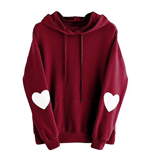 Sunhusing Womens Love Heart Print Long Sleeve Casual Pocket Drawstring Hoodie Jumper Sweatshirt Pullover Tops Wine