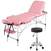 Yaheetech 3 Folding Pink Massage Table with Black Rolling Stool Portable Massage Bed Spa Bed Stool Adjustable Swivel…