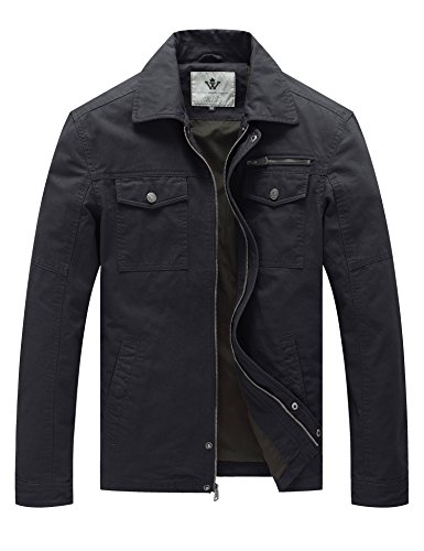 WenVen Men's Flat Collar Canvas Cotton Military Jacket (Small, Grey)