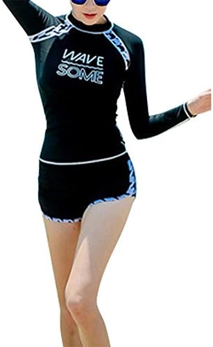 Smibra Womens Long Sleeve Printing Rush Guard Board Shorts Retro Two Pieces Sports Swimsuit