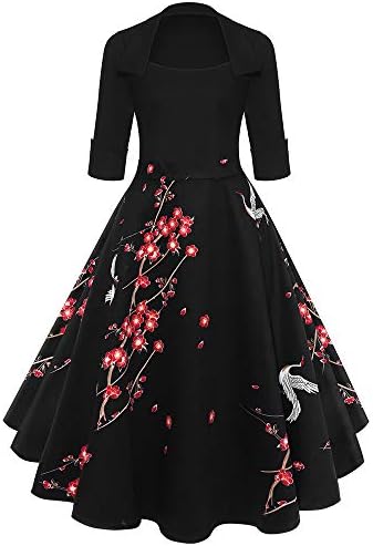 Kangma Women Vintage Sleeve O Neck Evening Printing Party Prom Swing Dress