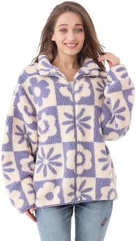 myzgx Women's Cute Floral Pattern Jacket Fuzzy Fleece Zip Up