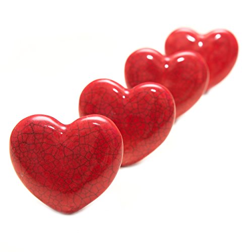 Pretty Red HEART Shaped CERAMIC Door Knobs / Drawer Pulls from INDIA. SET of 4.