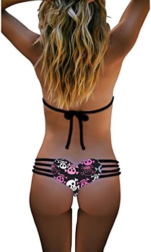 Kingdilor Womens Sexy Heart Shaped Thong Bikini Lace up Bandage Triangle Bottom (Skull, XL)