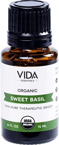 Sweet Basil USDA Certified Organic Essential Oil, 15 ml (0.5 fl oz), 100% Pure, Undiluted, Best Therapeutic Grade, Perfect For Antiviral, Arthritis, Asthma, Bronchitis, Bug Bites, Gout. VIDA Essential
