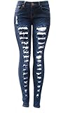 X6O Ladies DARK BLUE Denim JEANS Distressed Stretch Ripped Destroy SKINNY Pants