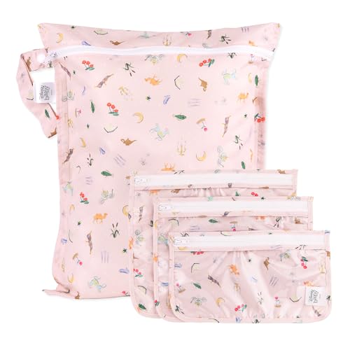 Bumkins - Waterproof Wet Bag & Clear Travel Bags - For Beach, Baby, Travel, Swim Suit, Cloth Diapers, Pump Parts, Pool, Gym, Toiletries - Reusable & Easy to Clean - Disney Princess Pink - 4 Pack