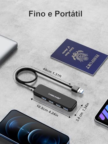 Hub USB 3.0 Lemorele, 4 Portas, Velocidade até 5Gbps, Compatível com Laptops, Desktops e Consoles, Preto
