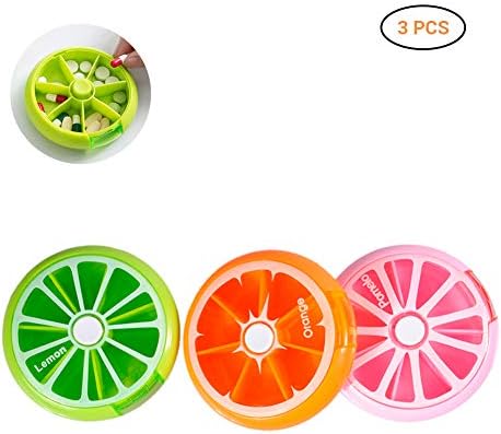 Yeawooh Portable Rotating 73 Day Weekly Pill Organizer Travel Medicine Tablet Holder Storage Case Box Dispenser, Cute Fruit Style, Pack of 3 (Orange/Pomelo/Lemon)