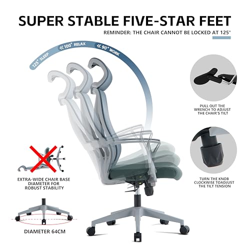 VOFFOV Office Chair with Headrest, Desk Chair Ergonomic Chair with Lumbar Support Armrest, Swivel Mesh Gaming for Home Office Study (Grey Headrest)