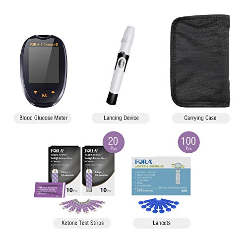 FORA 6 Connect KT20 Blood Ketone Testing Meter Kit to Monitor Your Ketogenic Low Carb Diet and Nutritional Ketosis via Smartphone App, 1 Meter, 1 Lancing, 100 Lancets, 20 Ketone Strips, Carry Case