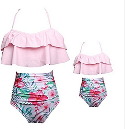 unniful Mother Daughter High Waist Bottom Floral Print Halter Bikini Sets Family Matching Swimsuit (6-8T, Girls/Pink)